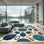 Dark Teal Fossil and Leaf Botanical Rug