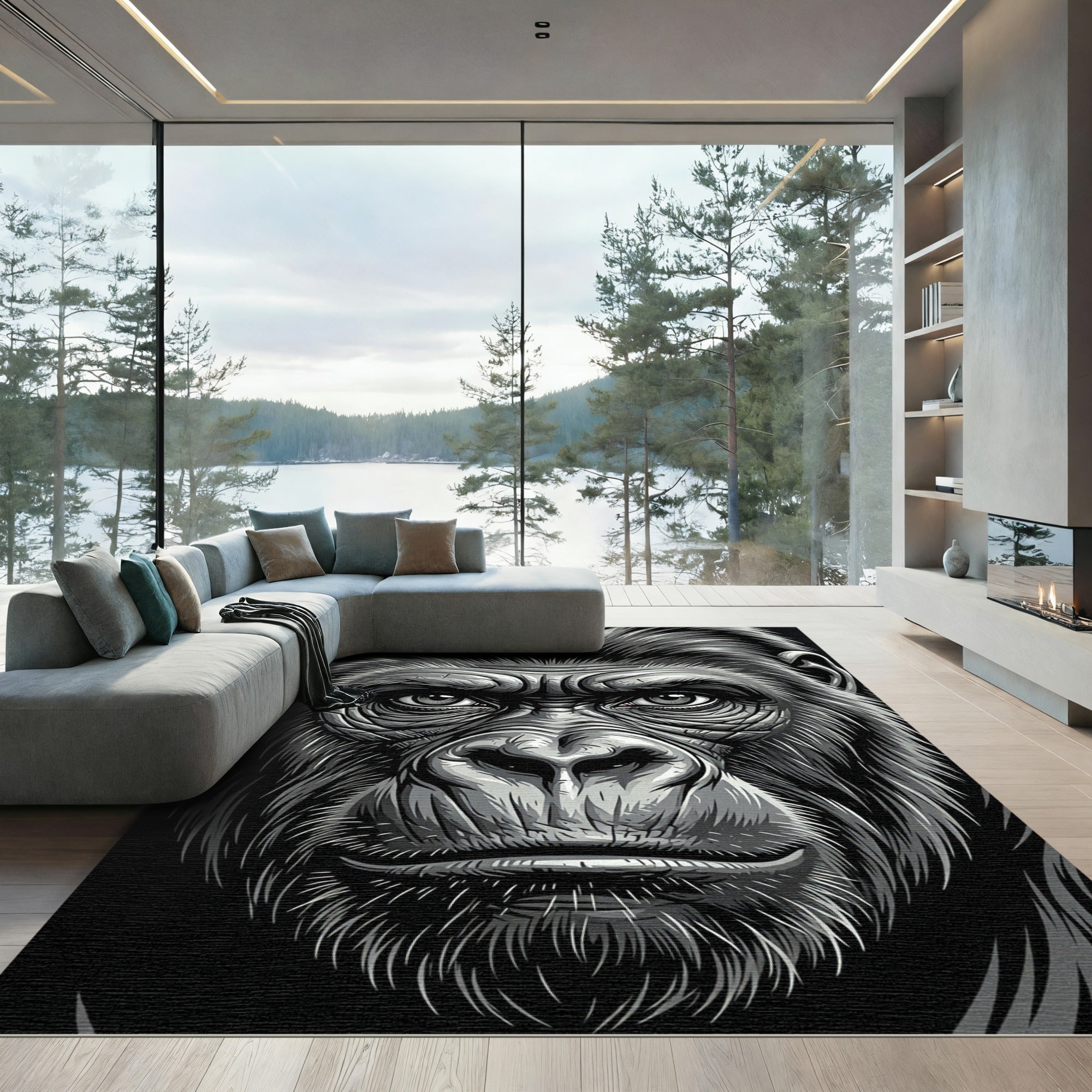 Majestic Black and White Gorilla Portrait Rug