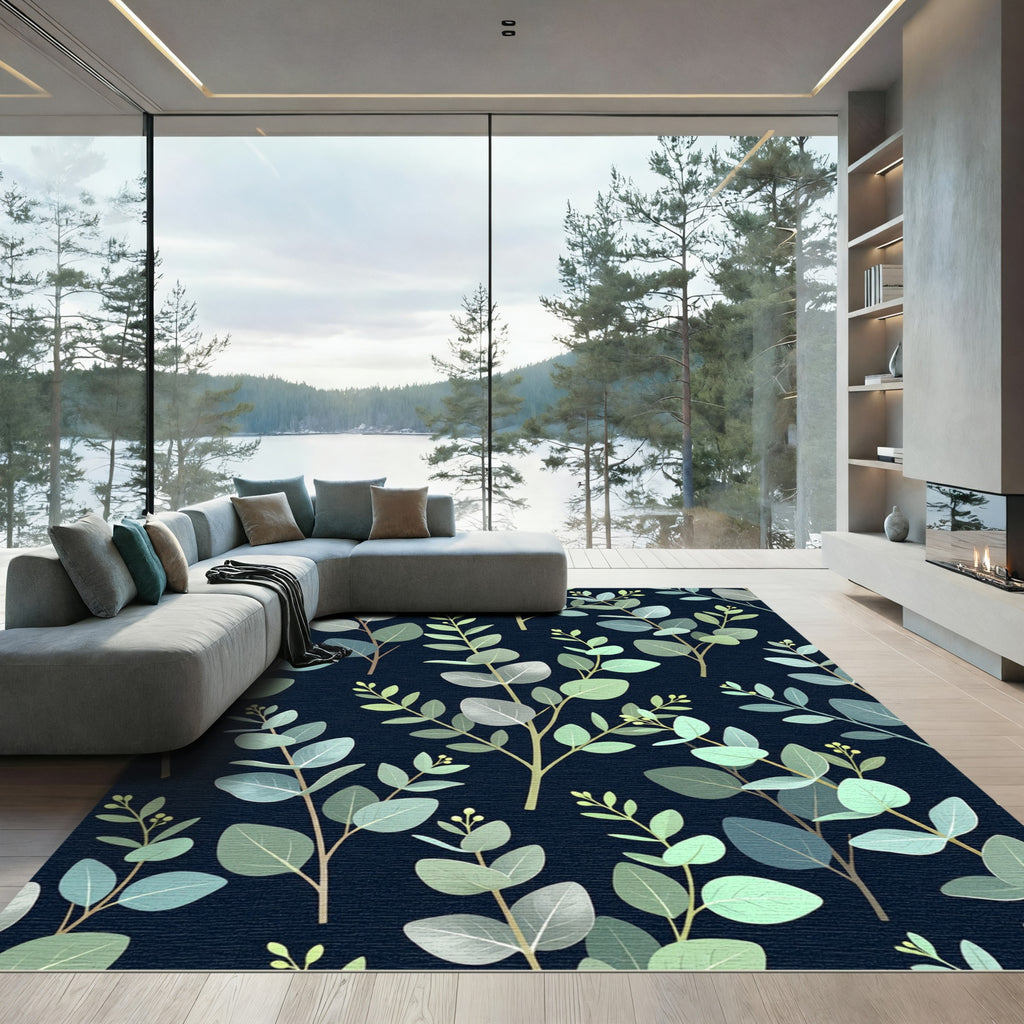 Eucalyptus Foliage Navy Botanical Leaves Rug