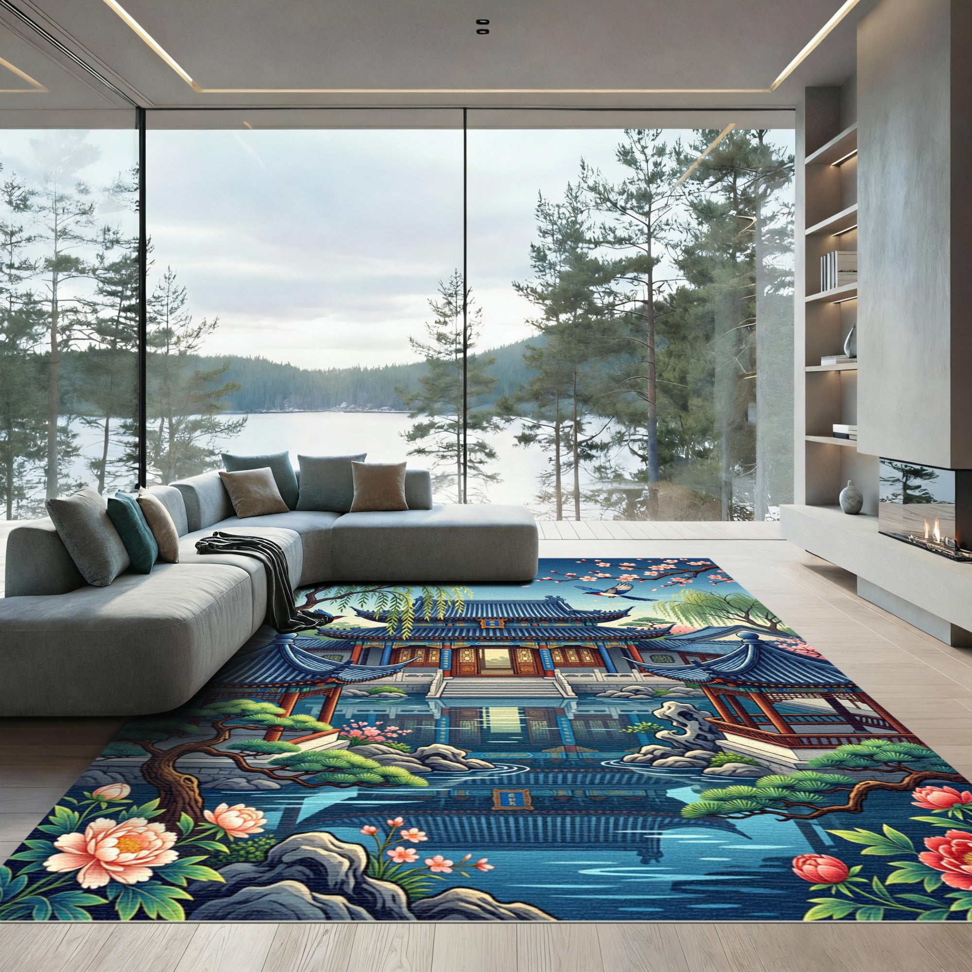 Serene Pagoda Garden with Blooming Peonies Rug