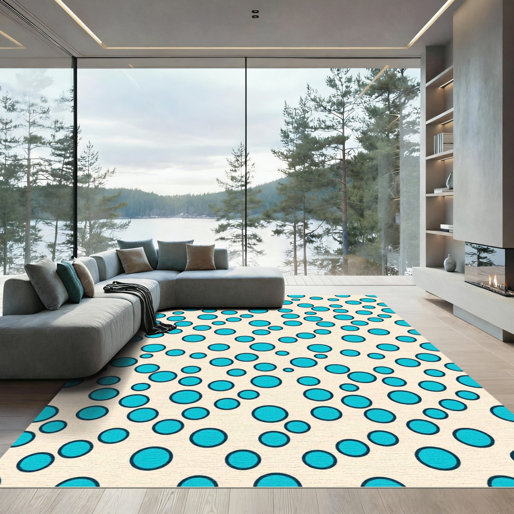 Aqua Circles Cream Background Rug