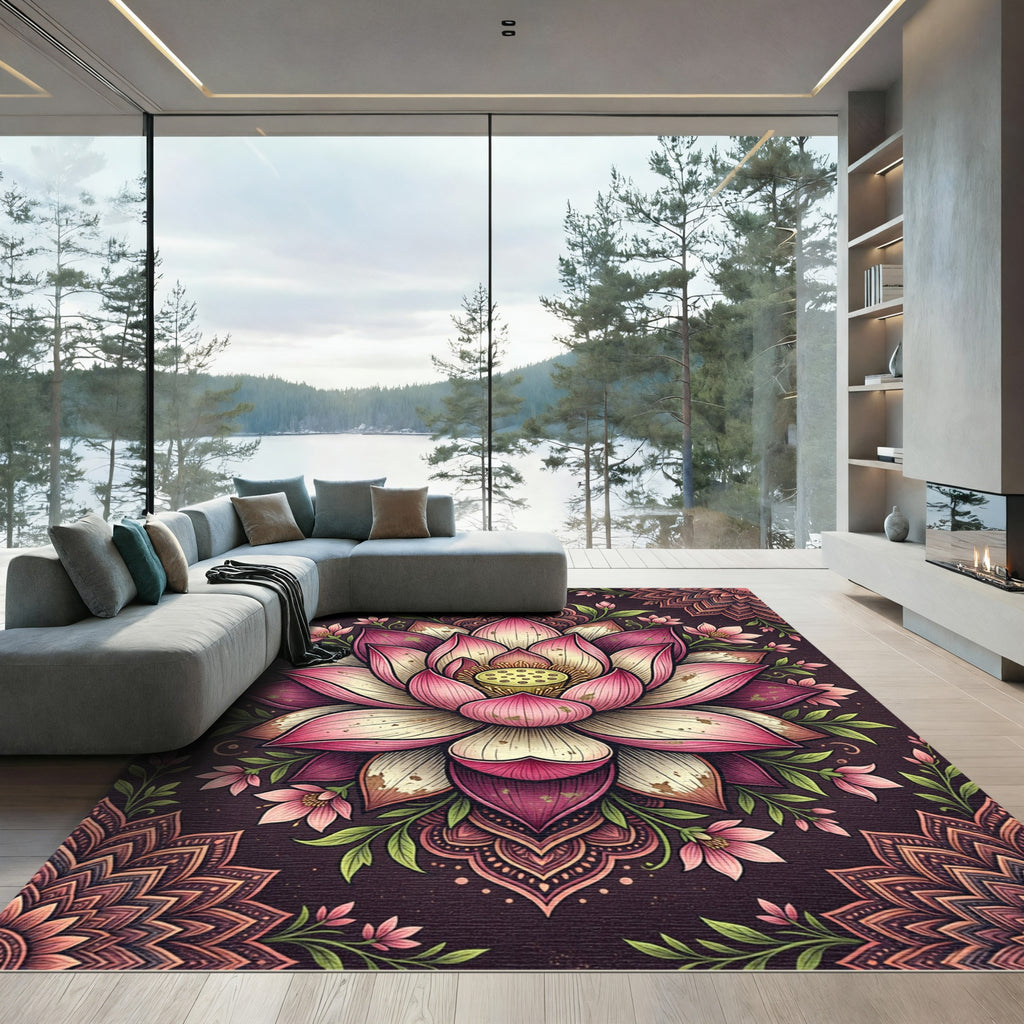 Ethereal Pink Lotus Floral Mandala Rug