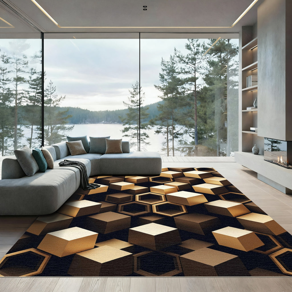 Modern Gold Metallic Geometric Hexagon Rug