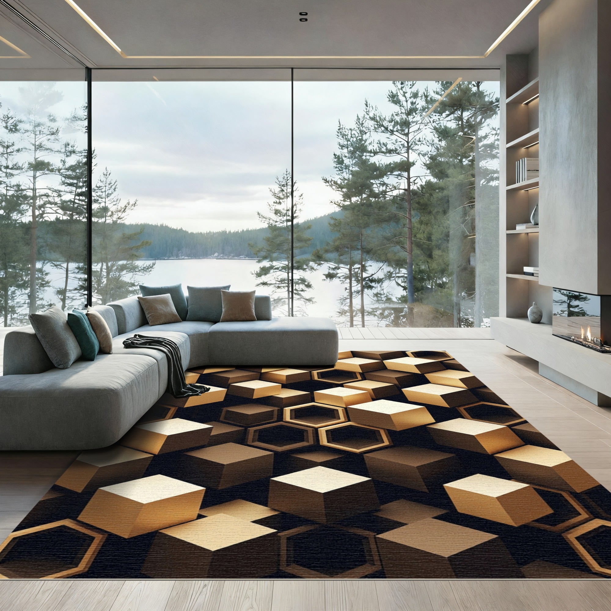 Modern Gold Metallic Geometric Hexagon Rug