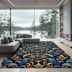 Ornate Royal Blue Golden Baroque Foliage Rug