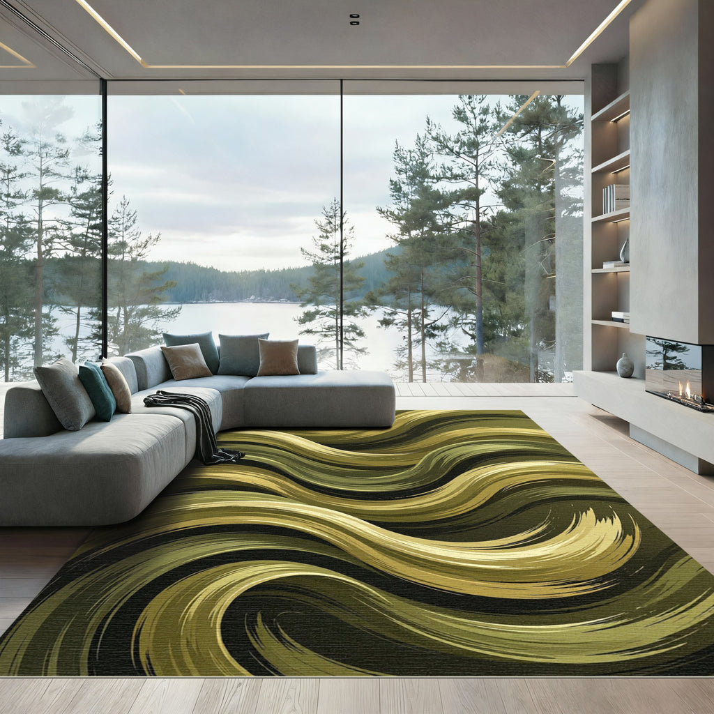 Golden Olive Swirling Brush Strokes Rug