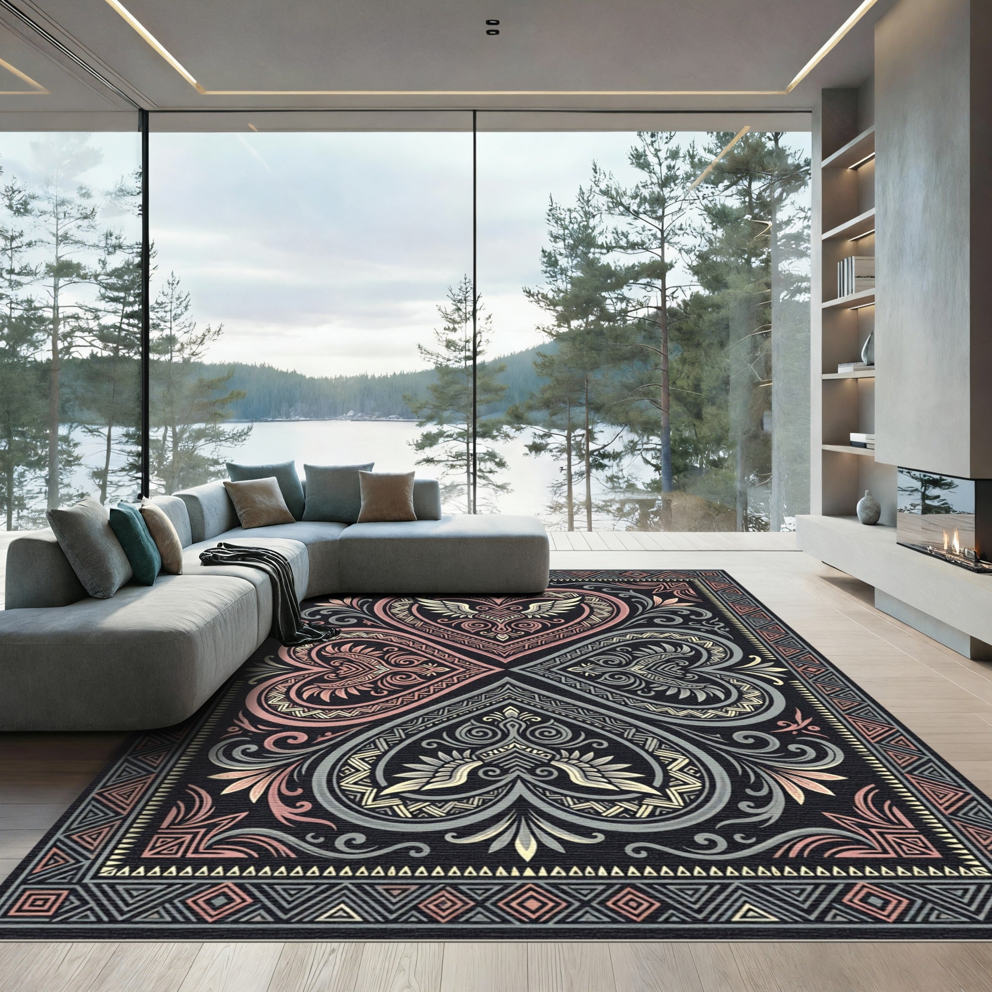 Ornate Winged Heart Floral Geometric Rug