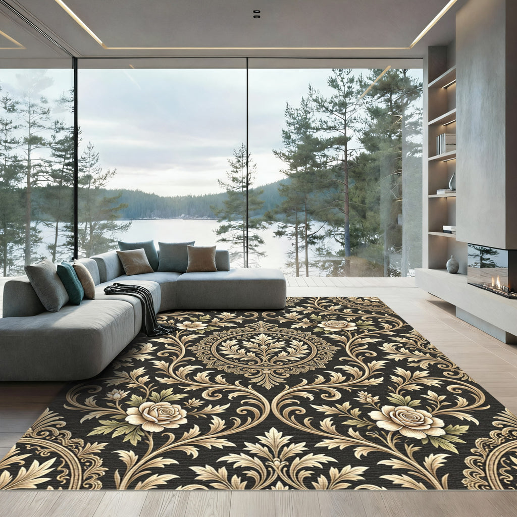 Ornate Gold Floral Damask Background Rug