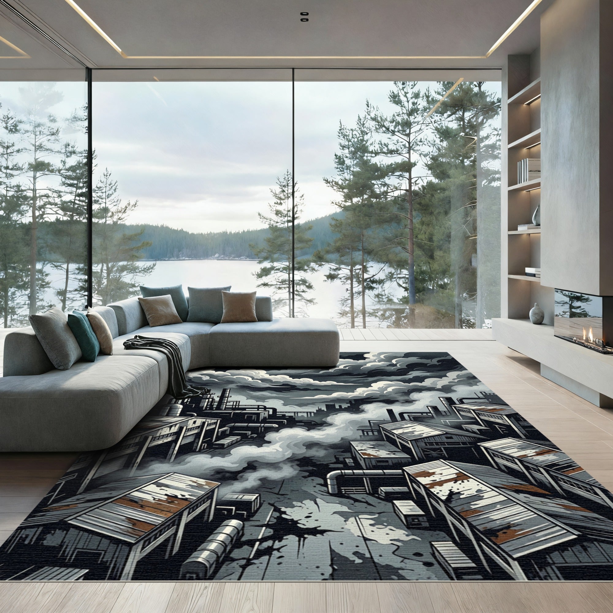 Dark Industrial Smoke Cloud Factory Rug