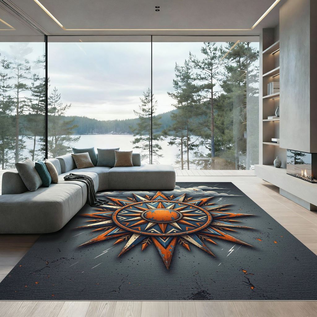 Weathered Orange Blue Celestial Compass Rug