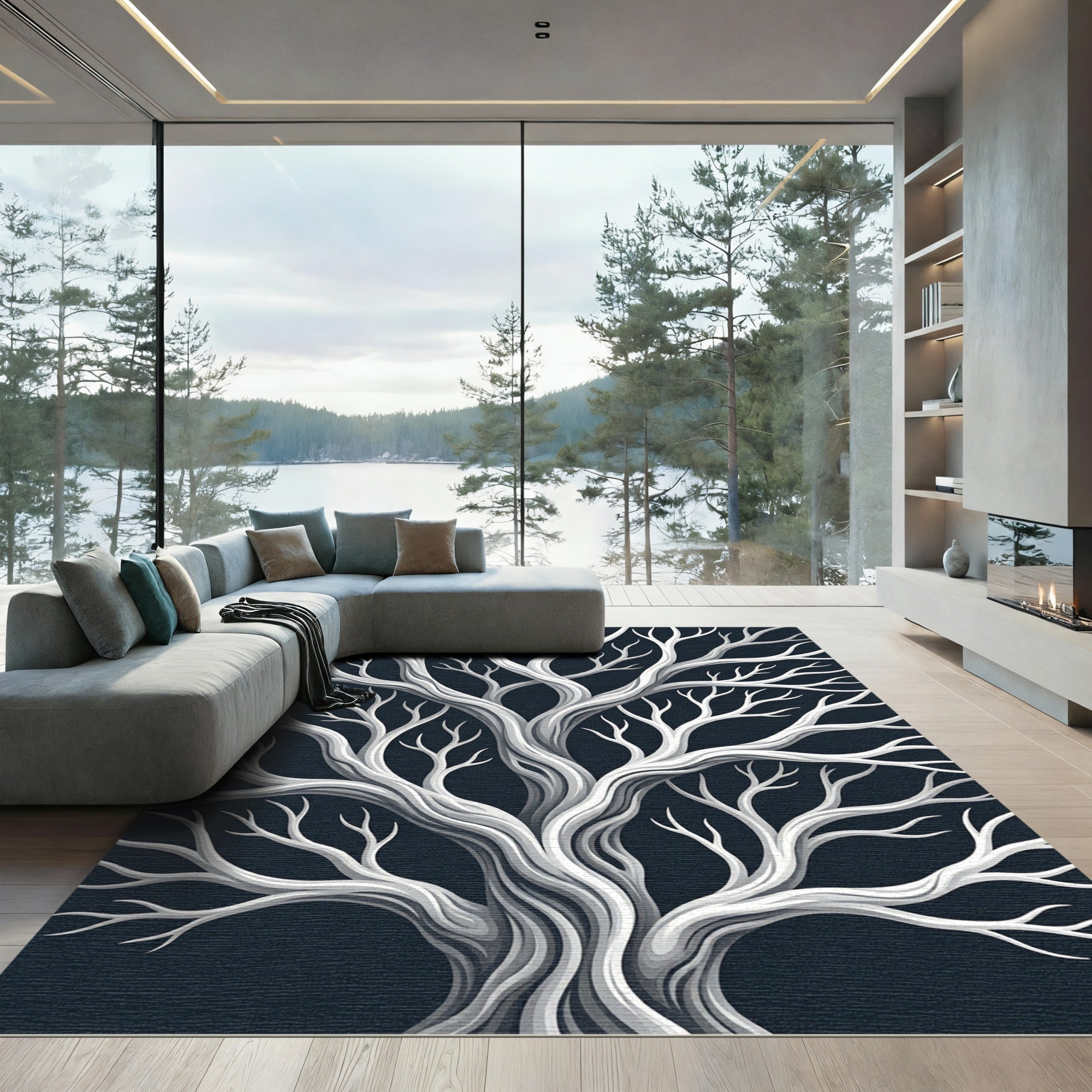 Minimalist Charcoal and Silver Bare Tree Rug