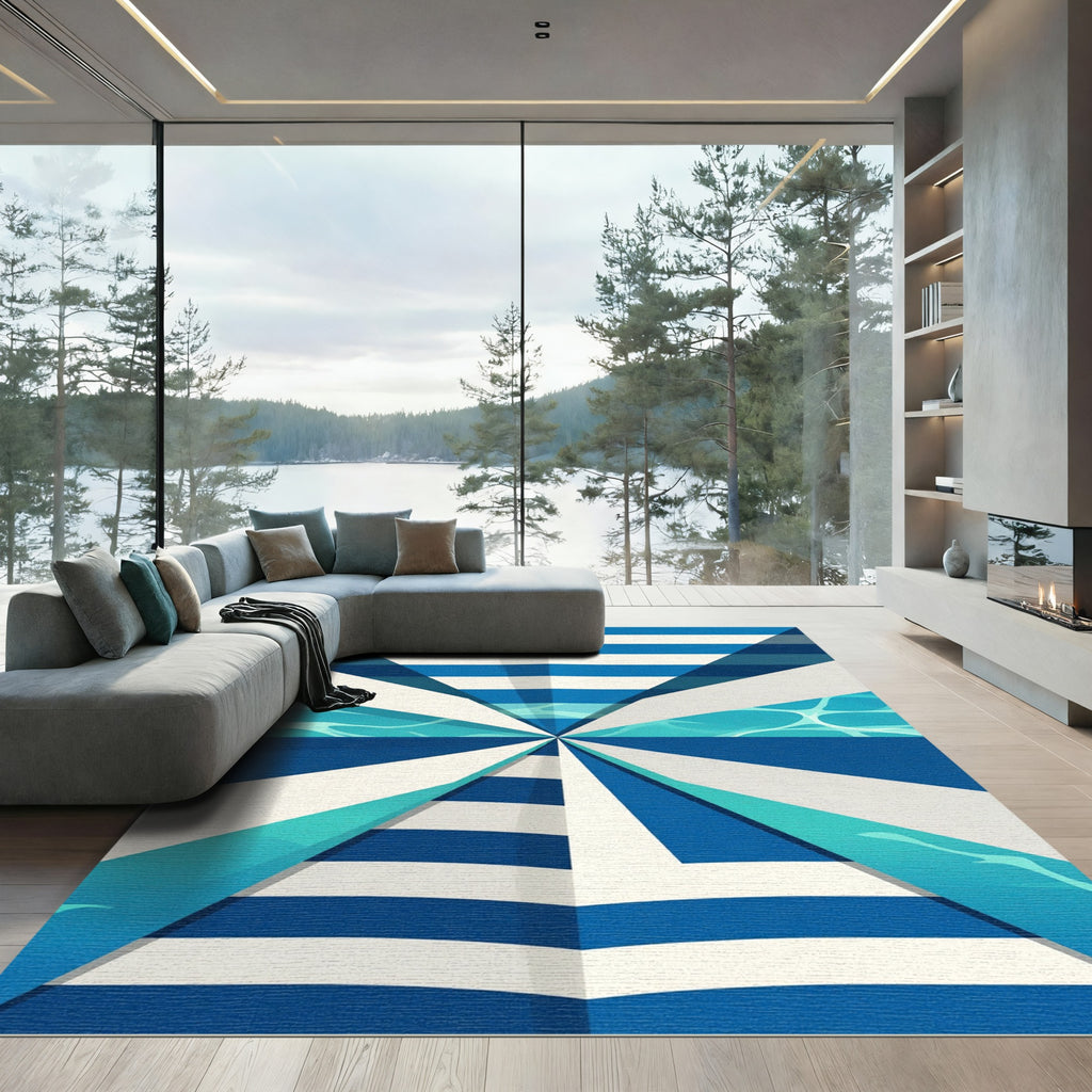 Abstract Blue White Water Stripes Rug