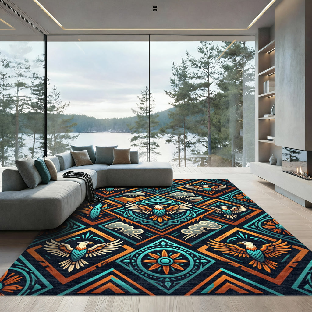Turquoise Orange Eagle Diamond Tapestry Rug