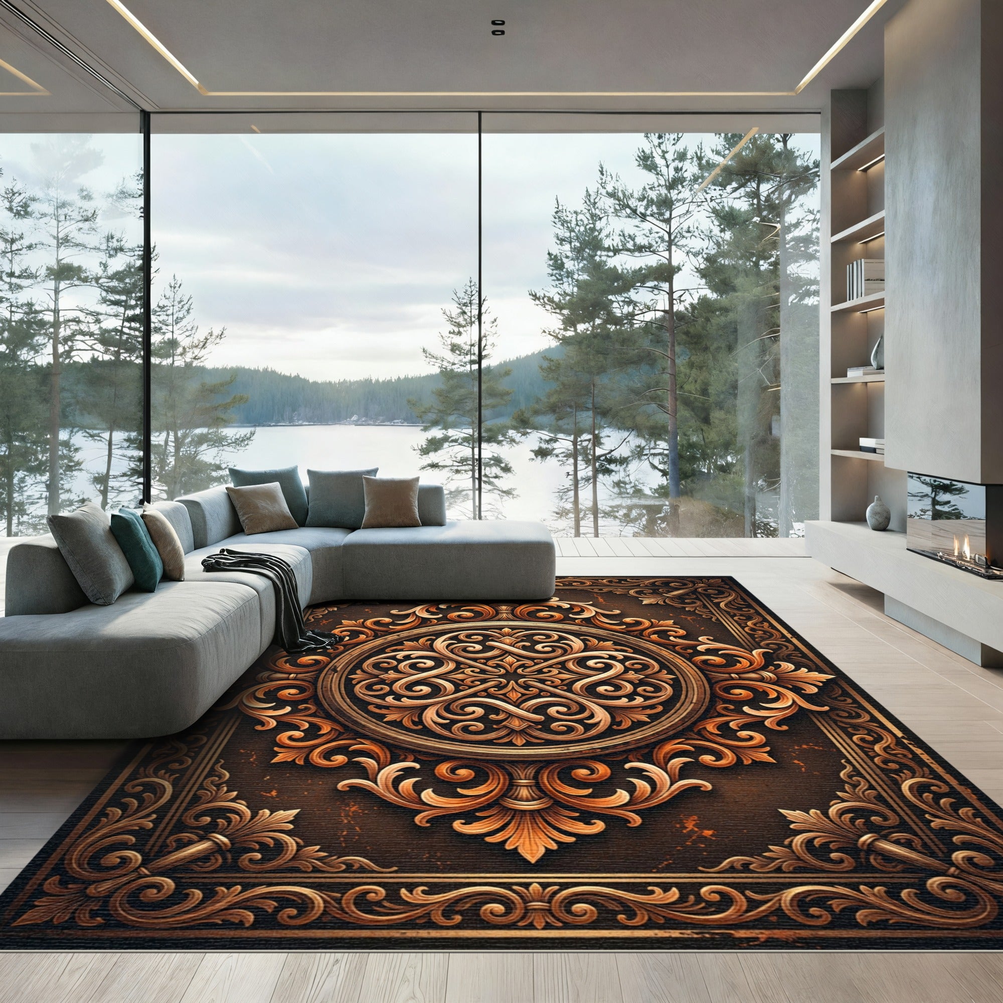 Ornate Golden Acanthus Scroll Rug