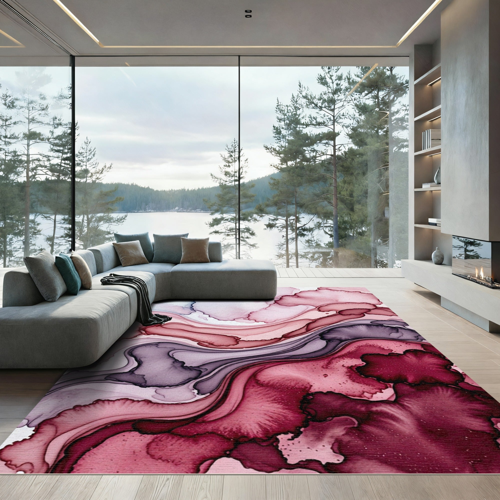 Crimson Plum Swirl Ink Fluid Rug