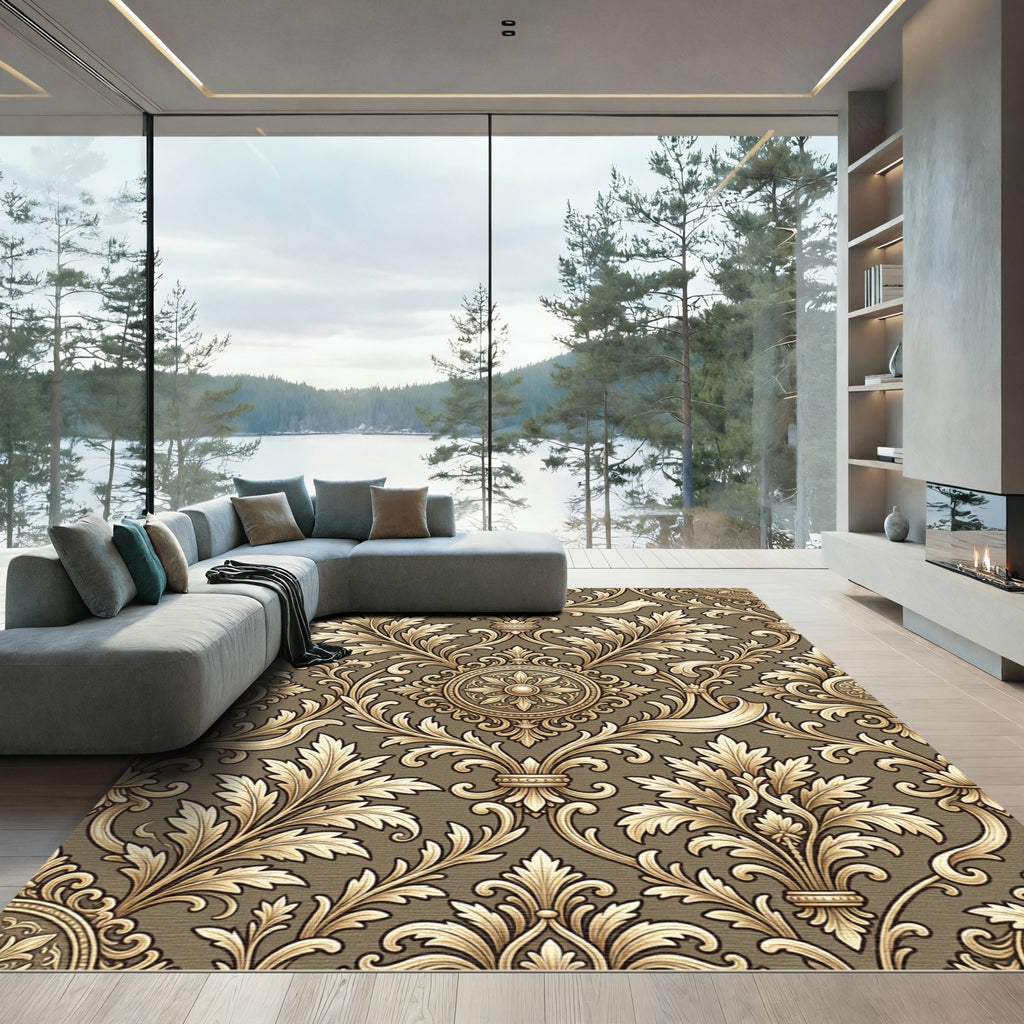 Gilded Baroque Scrollwork Medallion Overlay Rug