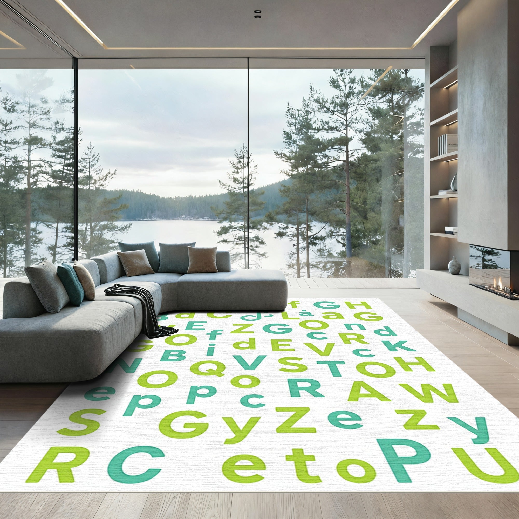 Alphabet Scattered Green Teal Typography Rug