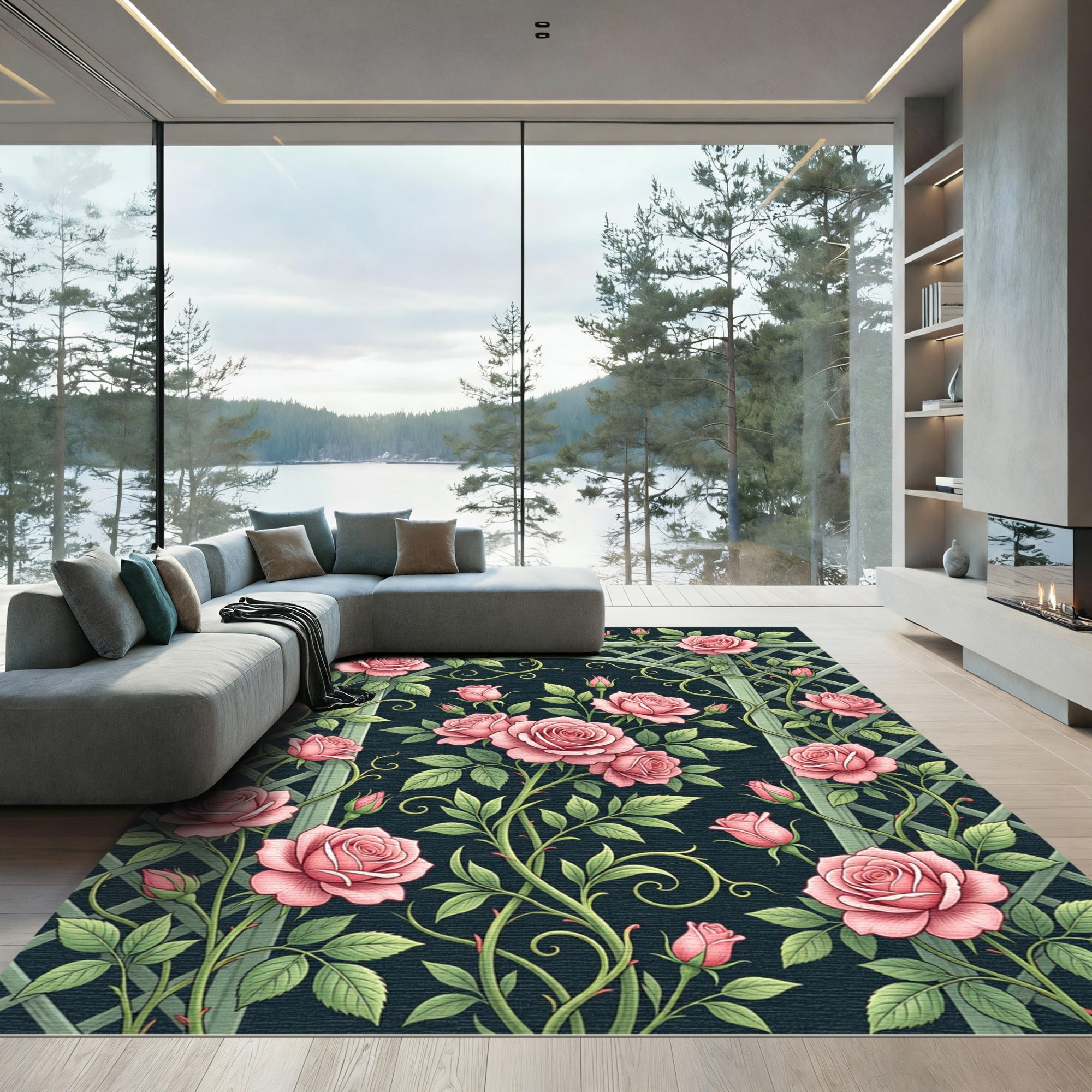 Romantic Pink Rose Trellis Garden Rug