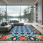 Floral Lattice Navy Orange Botanical Rug