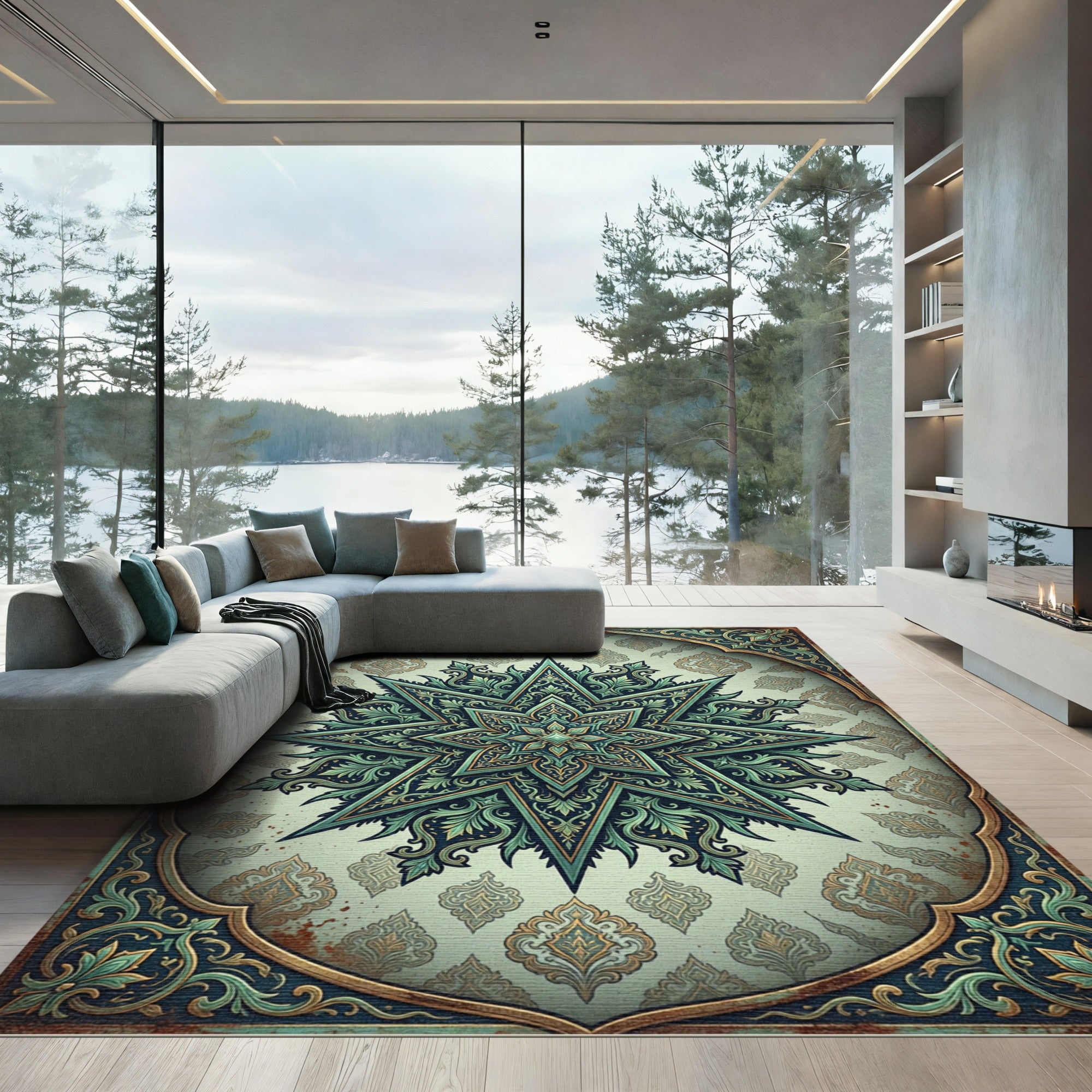 Ornate Sage Green Star Mandala Rug