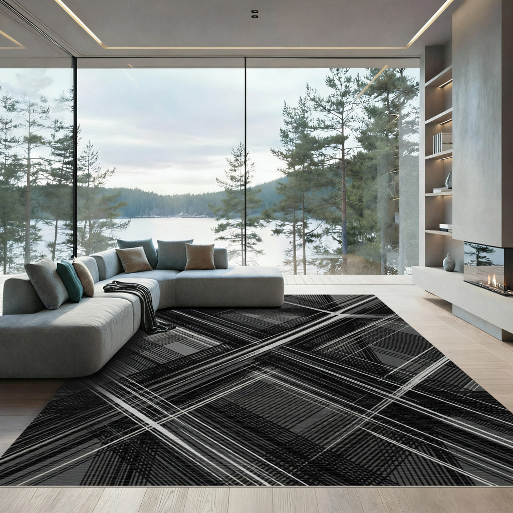Monochrome Abstract Overlaid Lines Rug