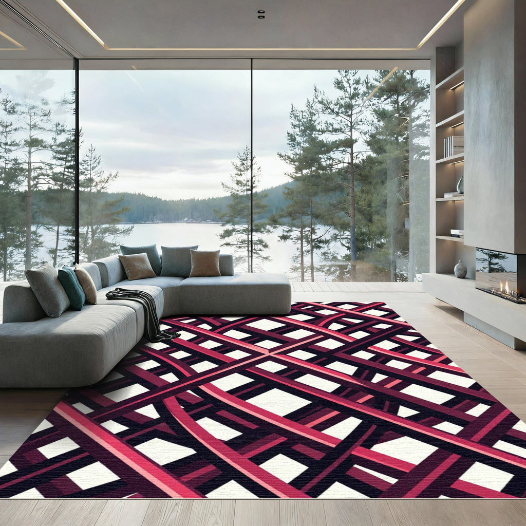 Modern Magenta Intersecting Linear Grid Rug