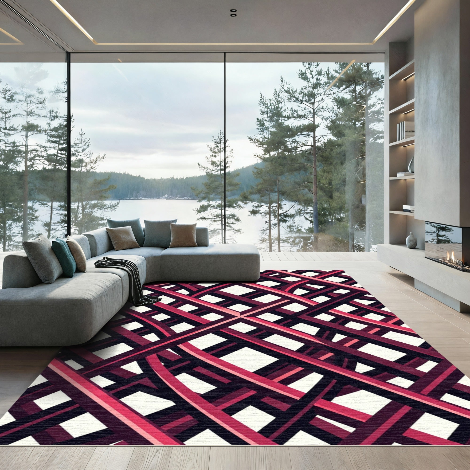Modern Magenta Intersecting Linear Grid Rug