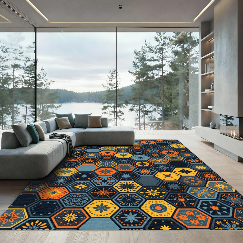 Golden Honey Geometric Hexagon Tile Rug