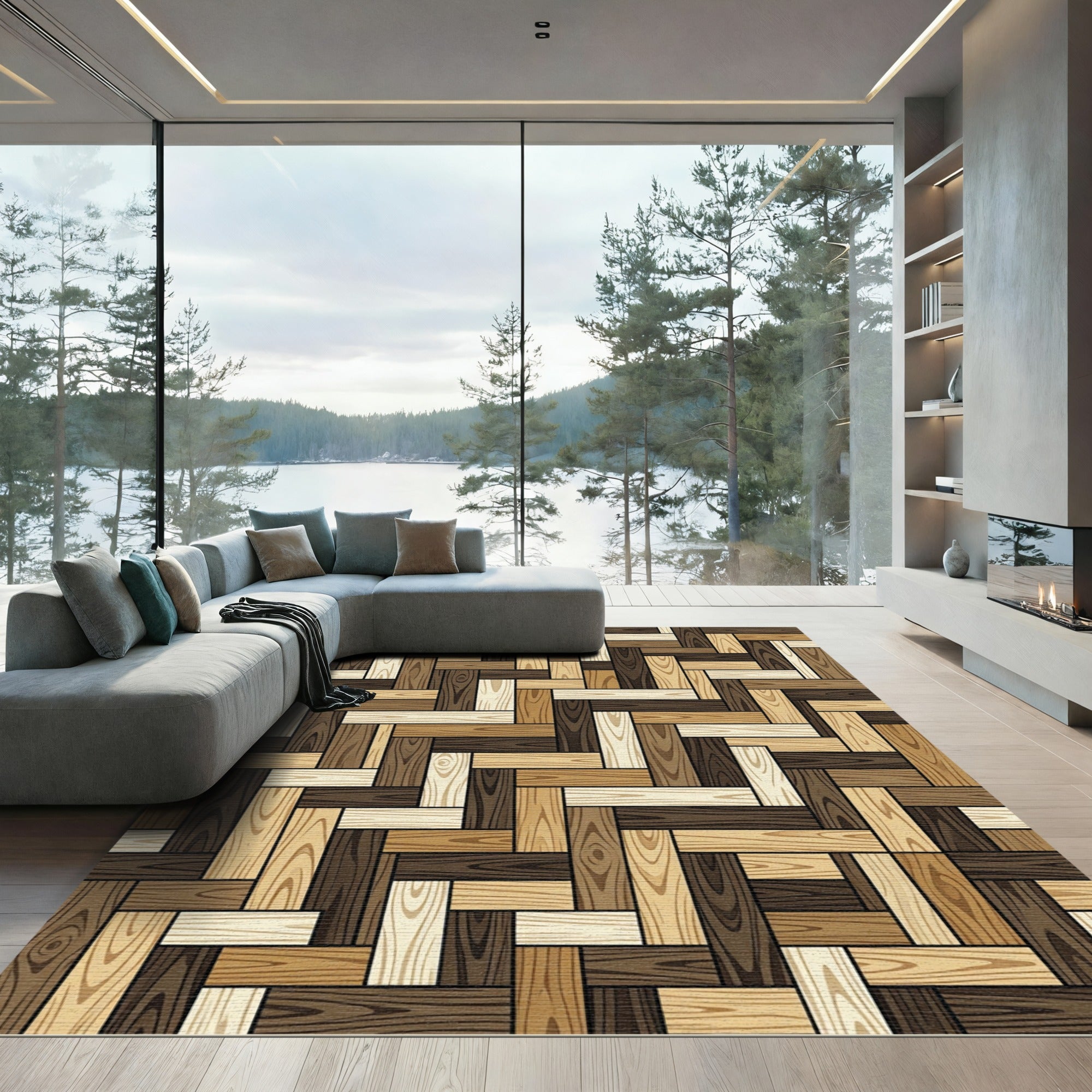 Alternating Wood Plank Mosaic Rug