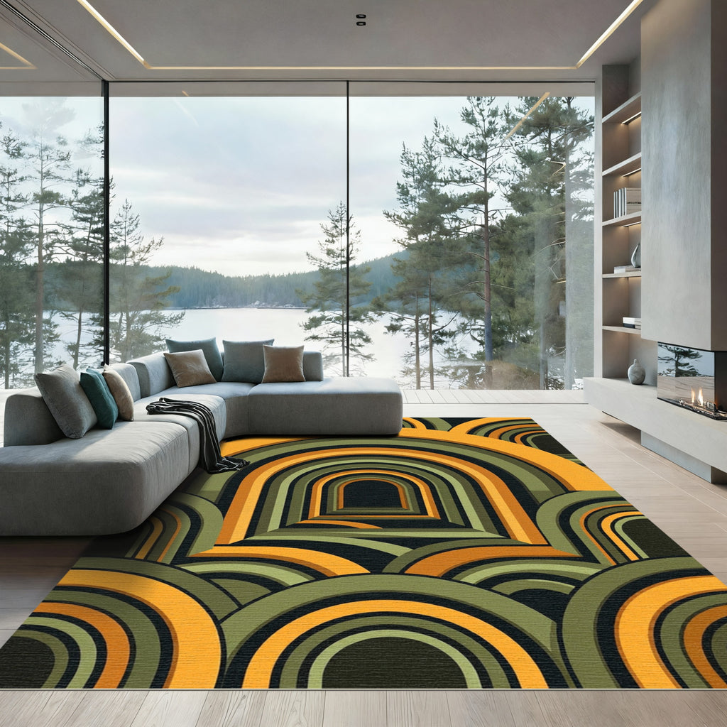 Mid-Century Ochre and Olive Arched Illusion Rug