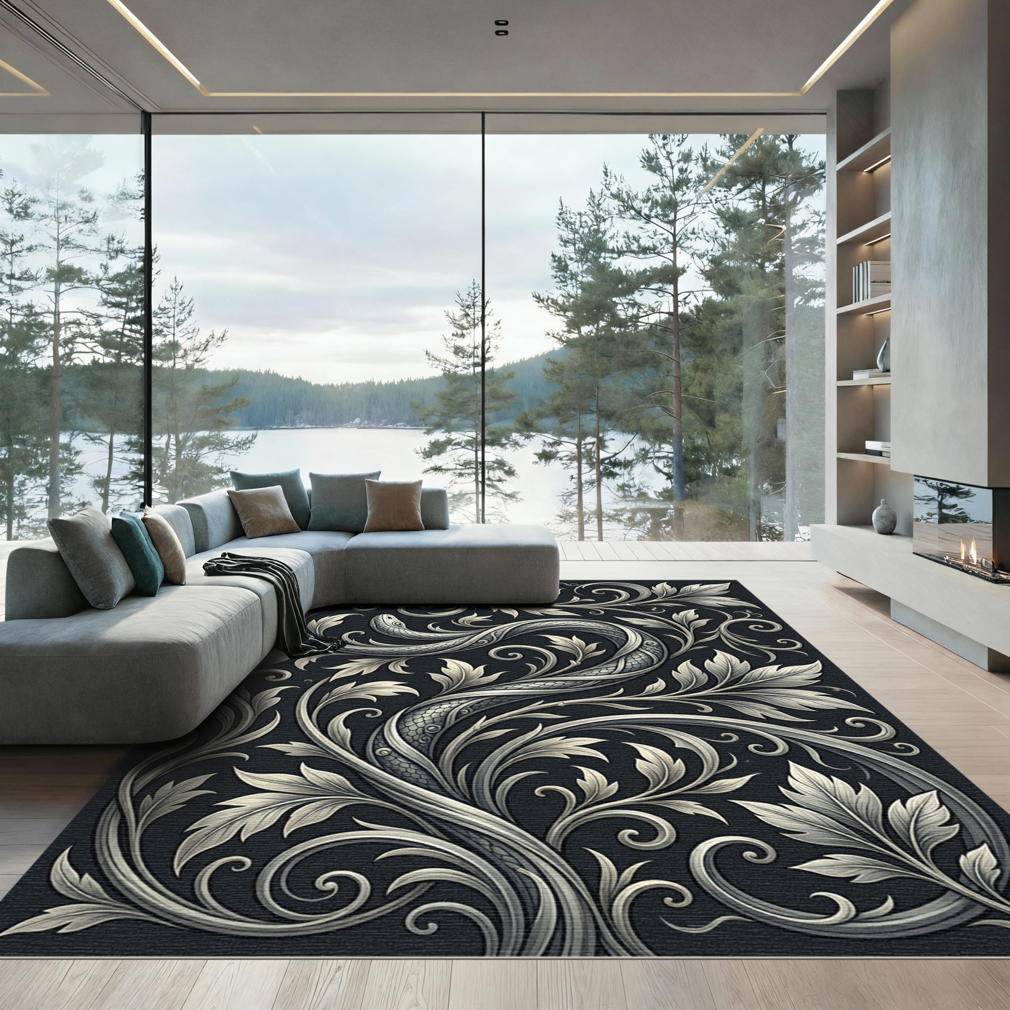 Ornate Silver Serpent Floral Accents Rug