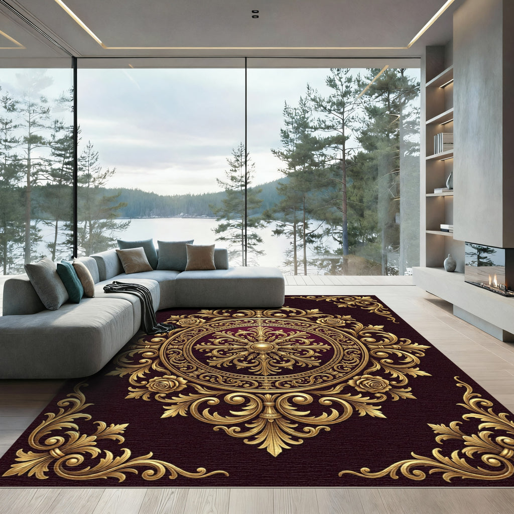 Ornate Gold Floral Medallion Burgundy Rug