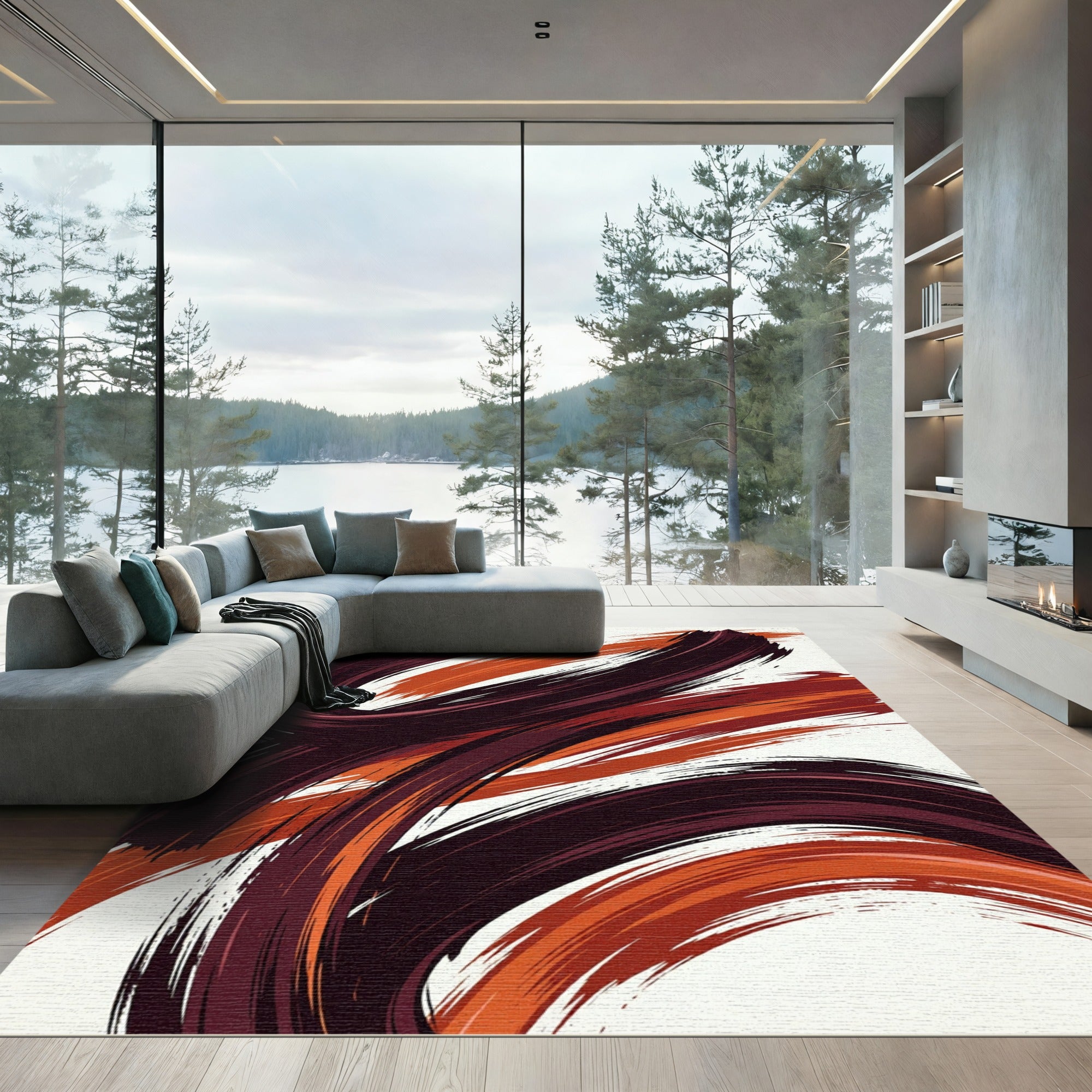 Modern Saffron and Burgundy Abstract Swirl Rug