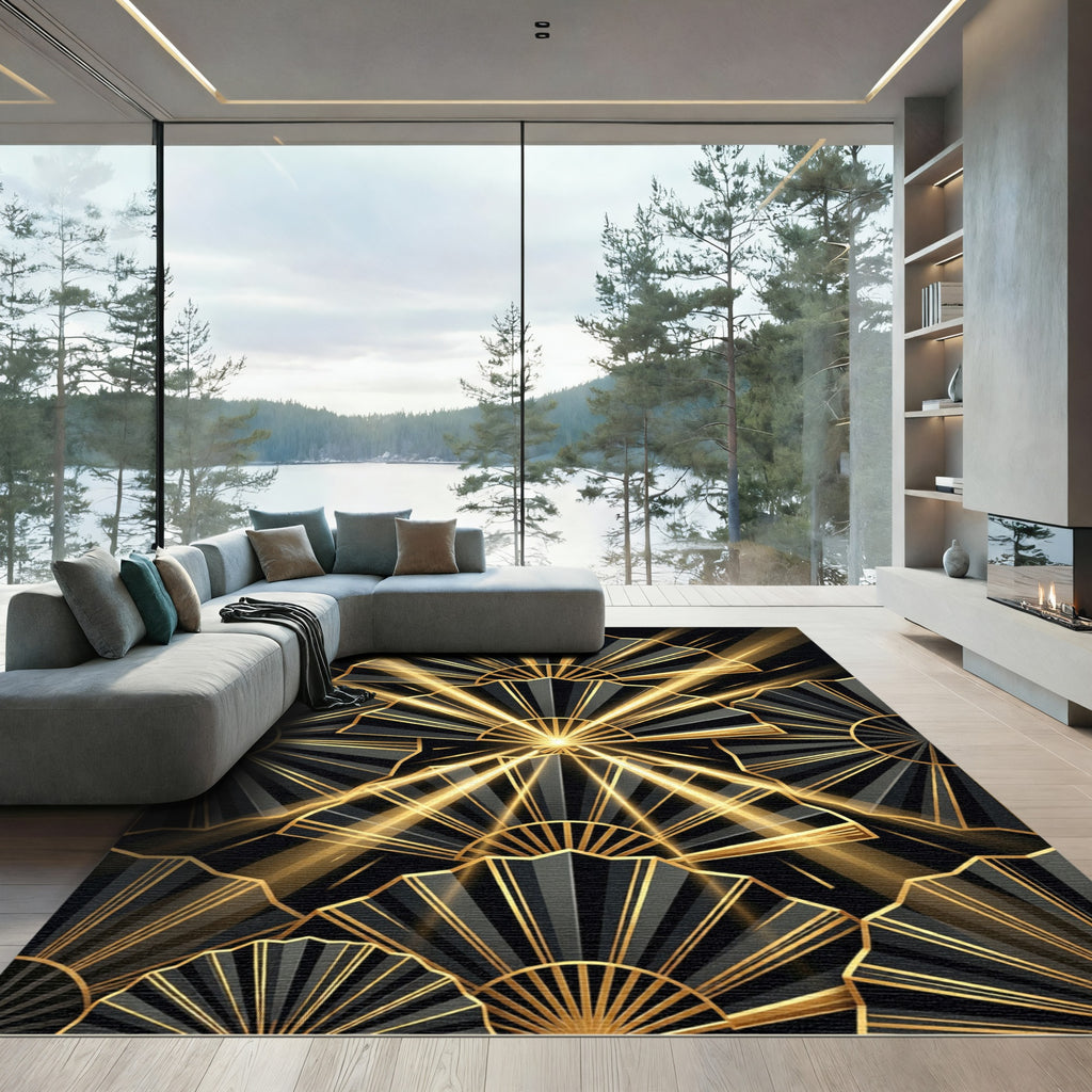 Art Deco Golden Fan Black Rug