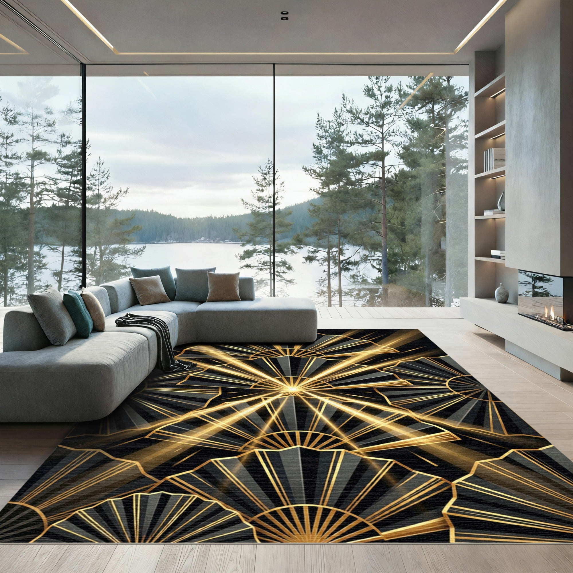 Art Deco Golden Fan Black Rug