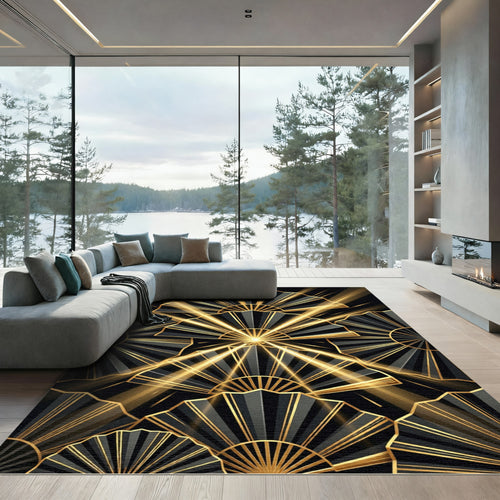 Art Deco Golden Fan Black Rug