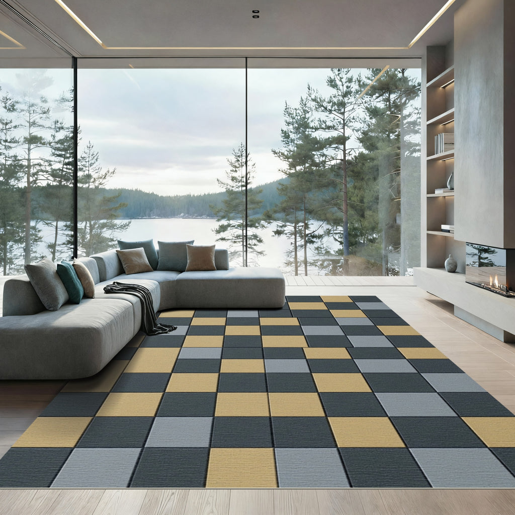 Khaki Charcoal Gray Checkerboard Blocks Rug