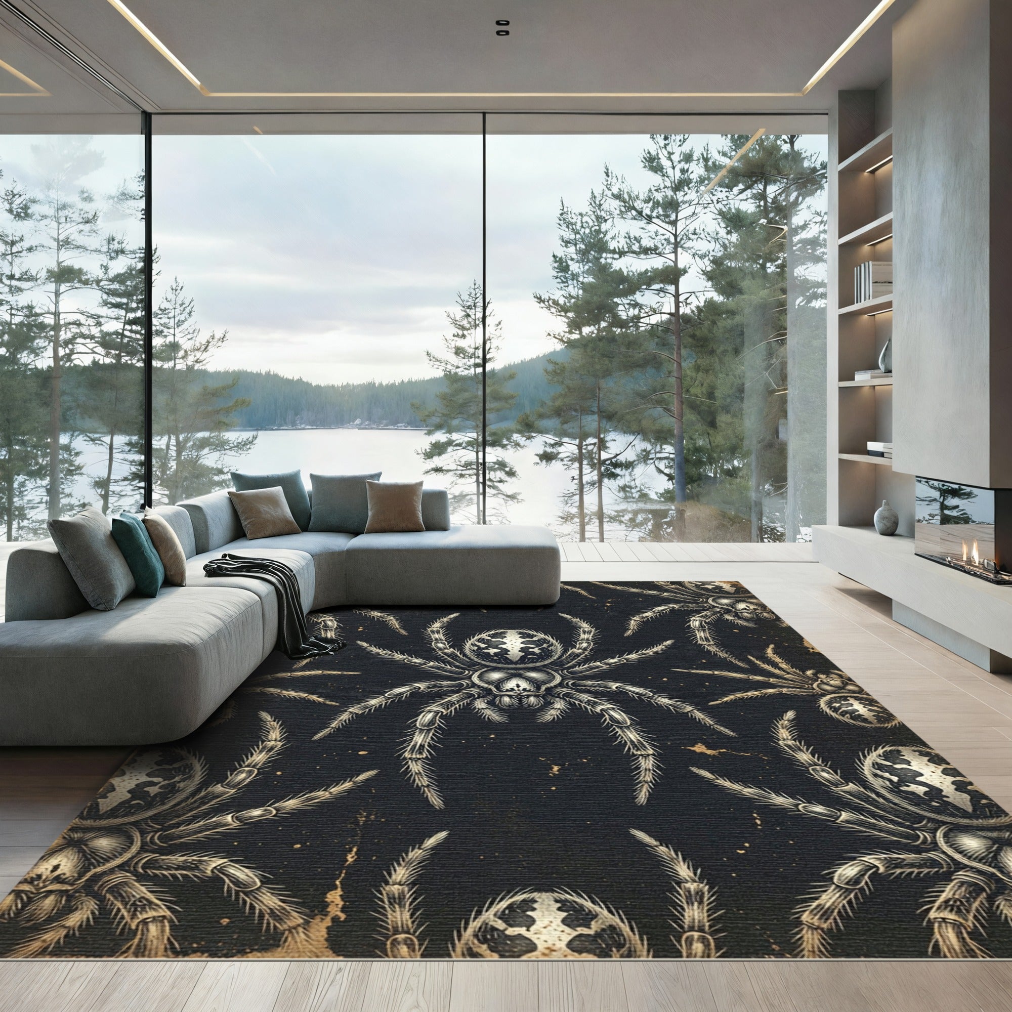 Gothic Black and Cream Spider Illustration Rug