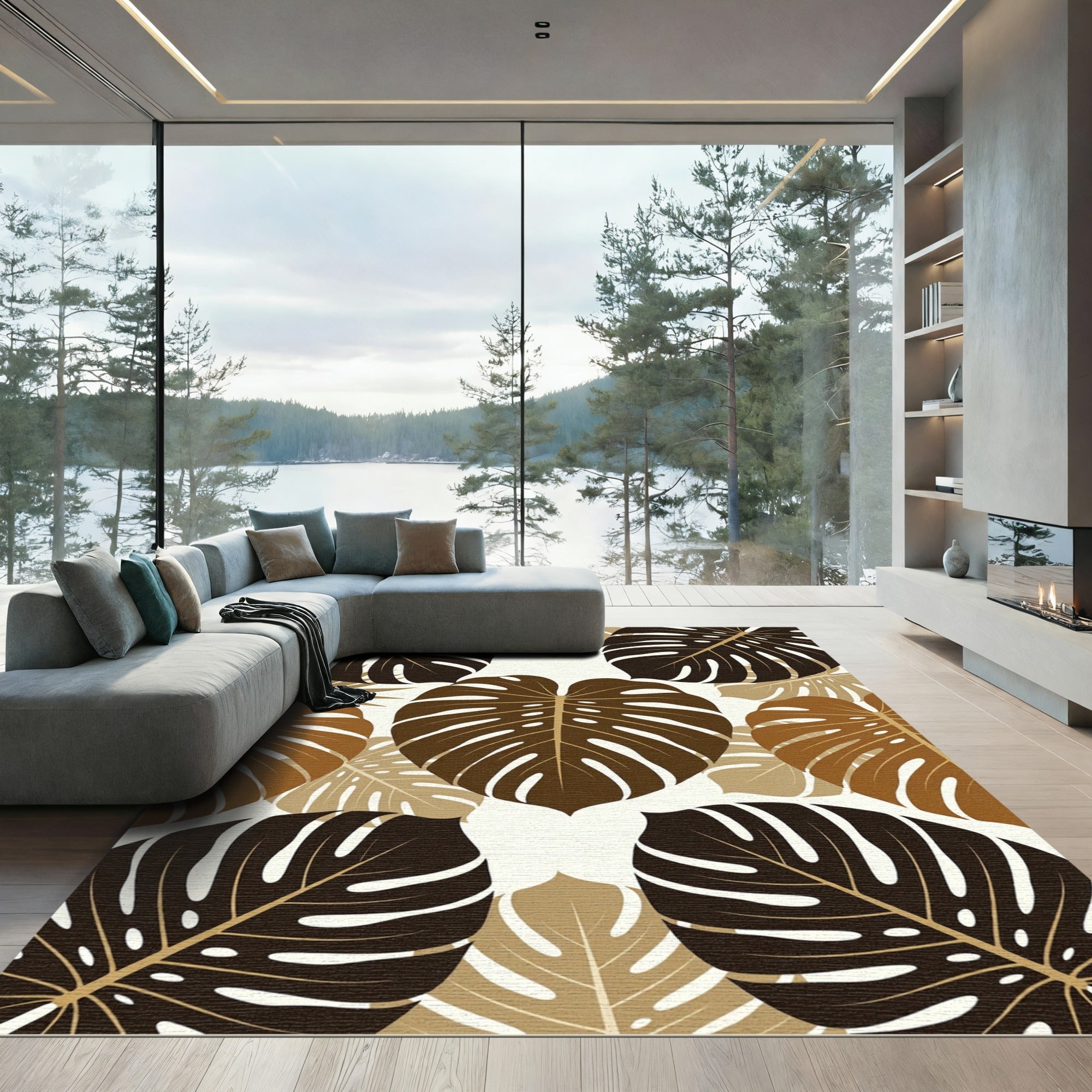 Tropical Monstera Leaf Earthy Tone Rug