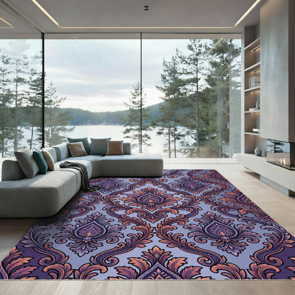 Ornate Purple Gold Damask Scrolling Fern Rug