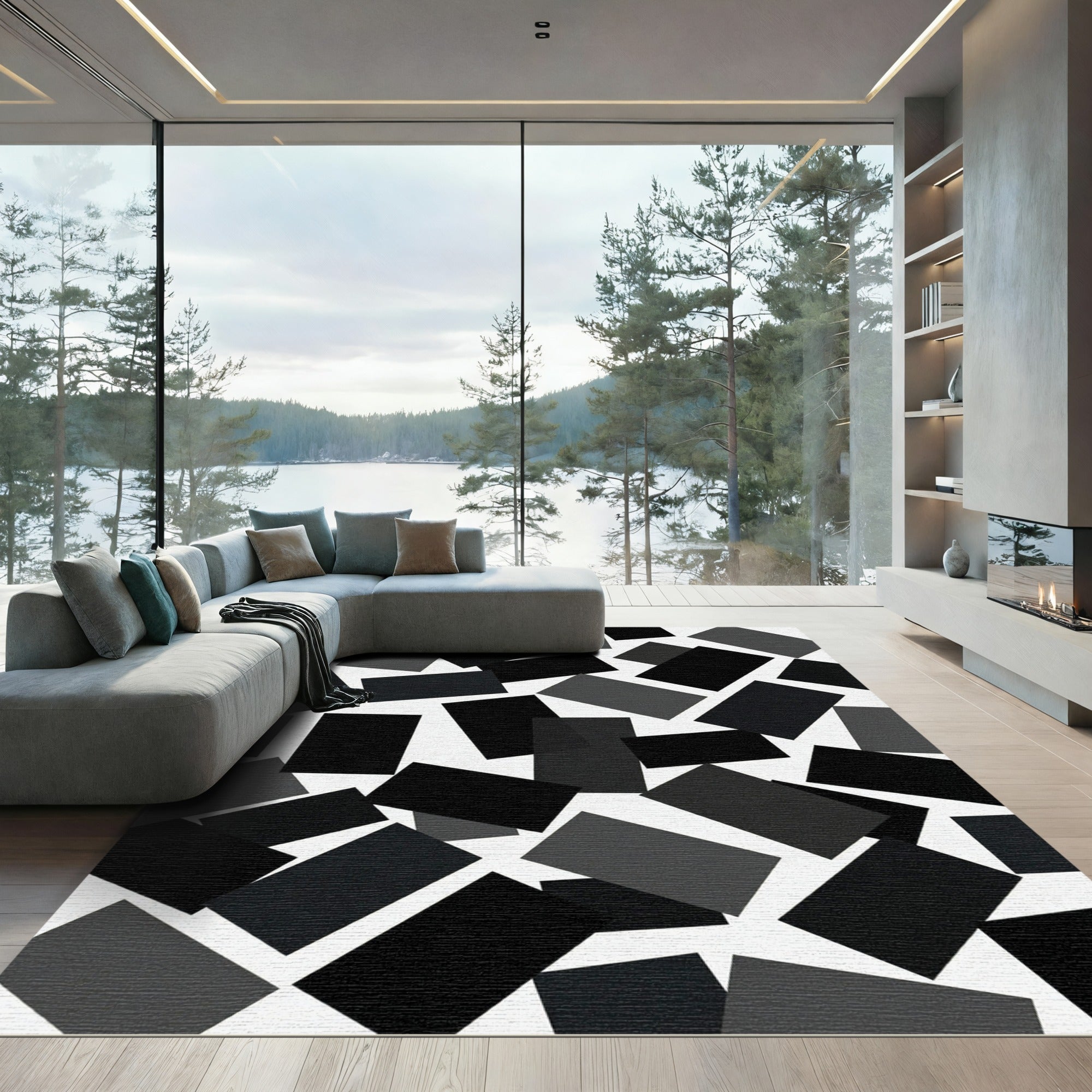 Minimalist Black and White Floating Rectangles Rug