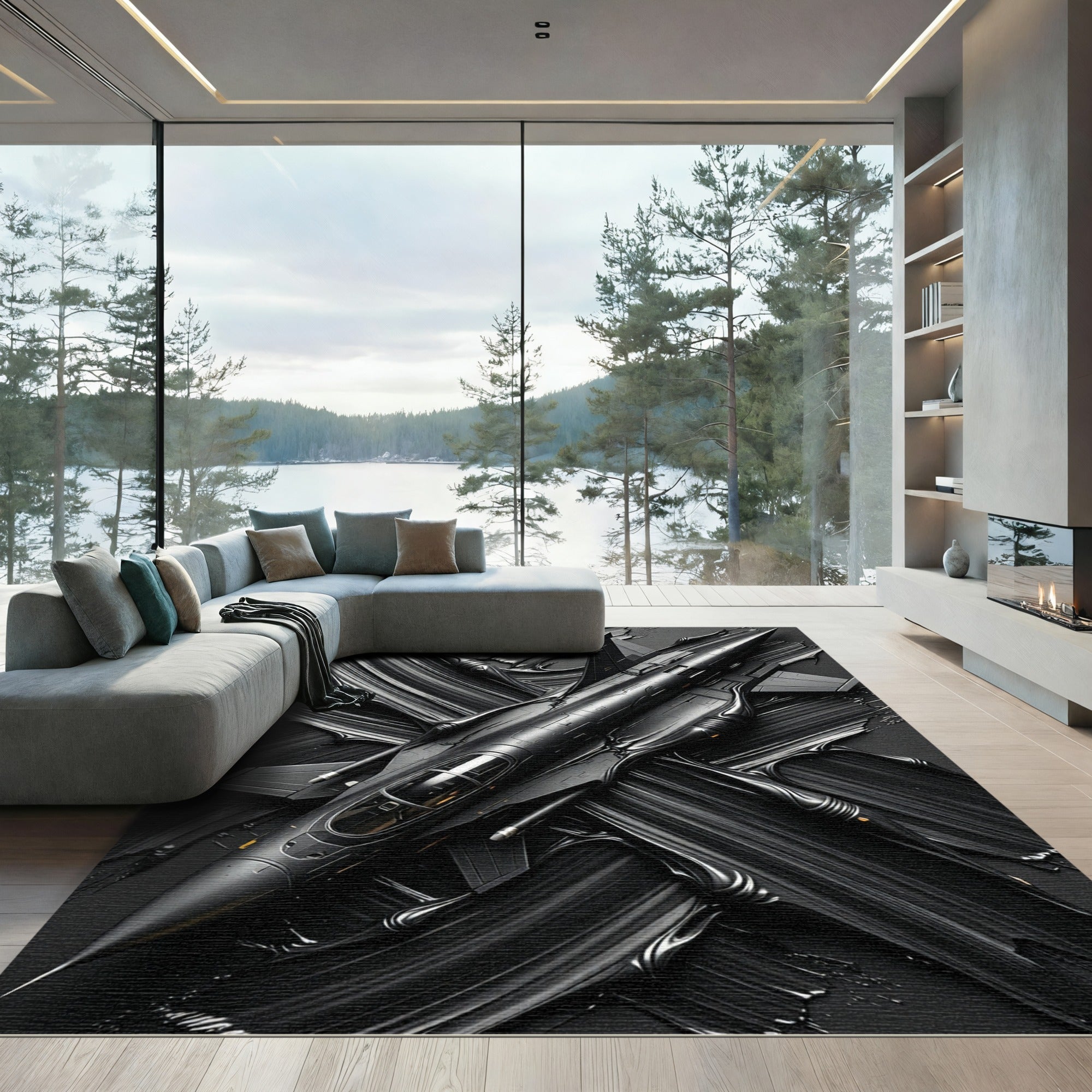 Bold Matte Black Jet Artistic Statement Rug