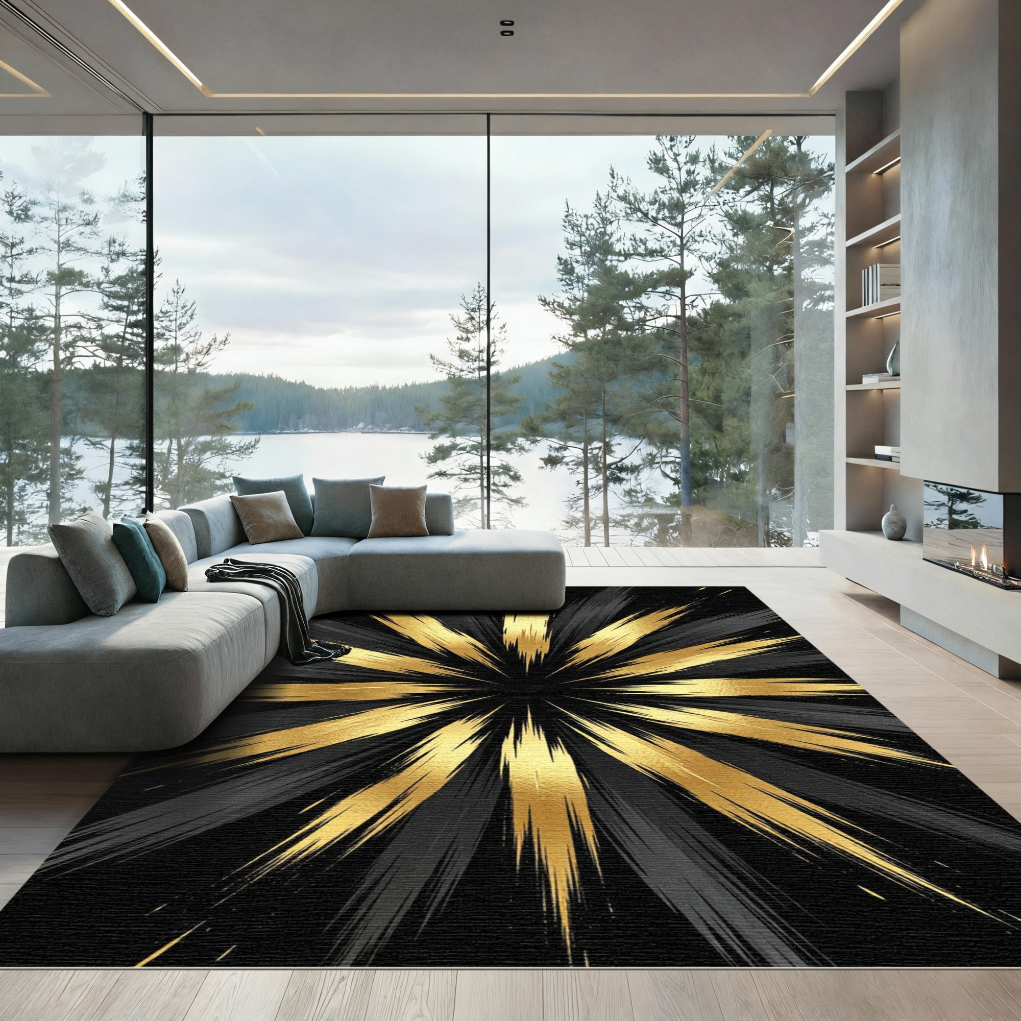 Black Gold Burst Rays Rug