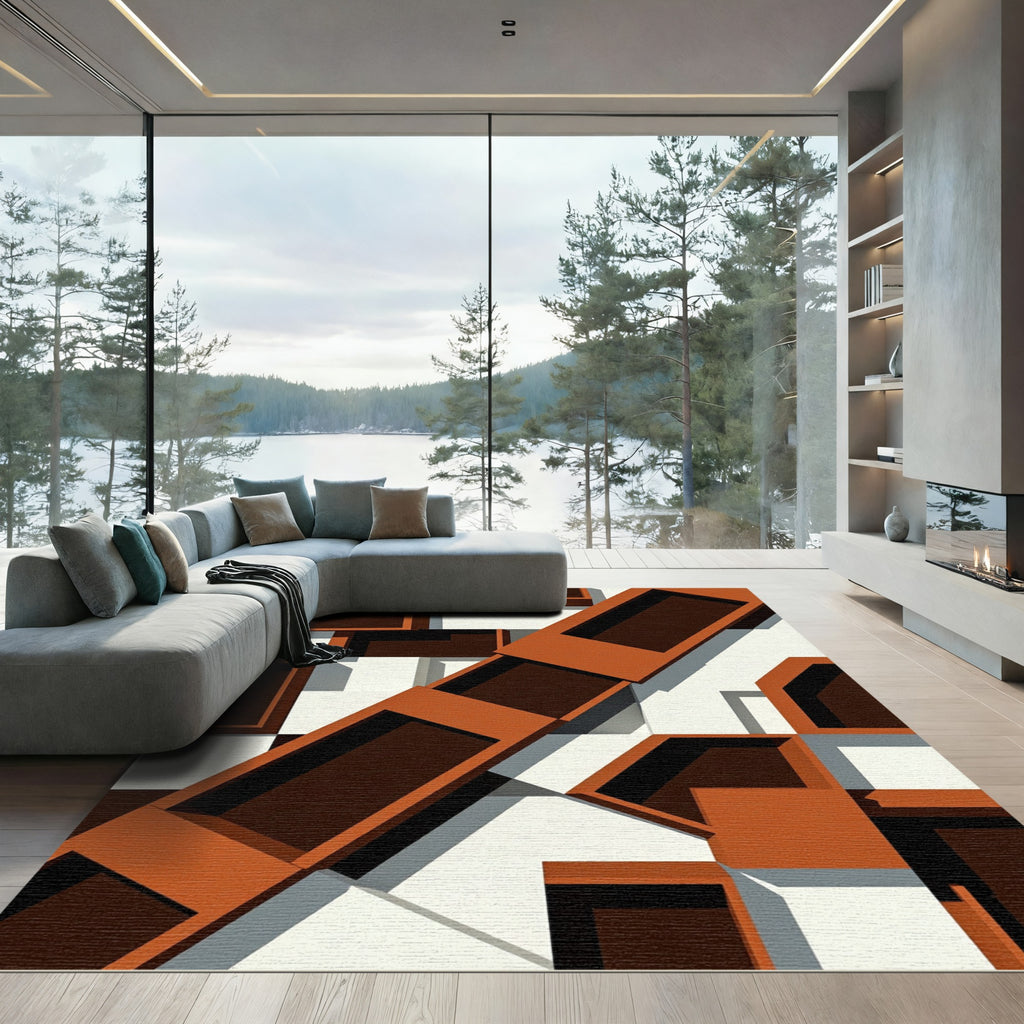 Bold Terracotta Geometric Architectural Block Rug