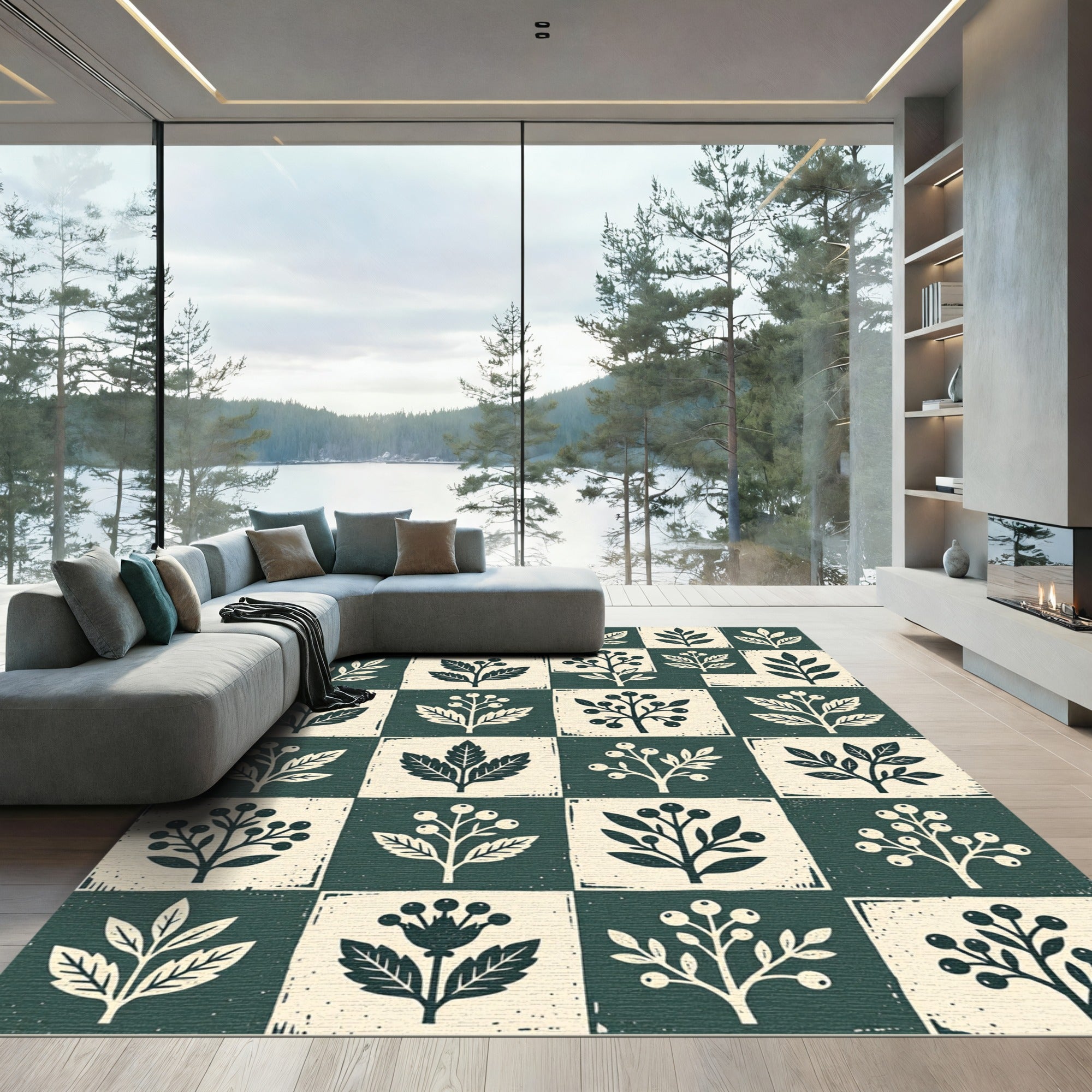 Sage Forest Botanical Grid Illustration Rug