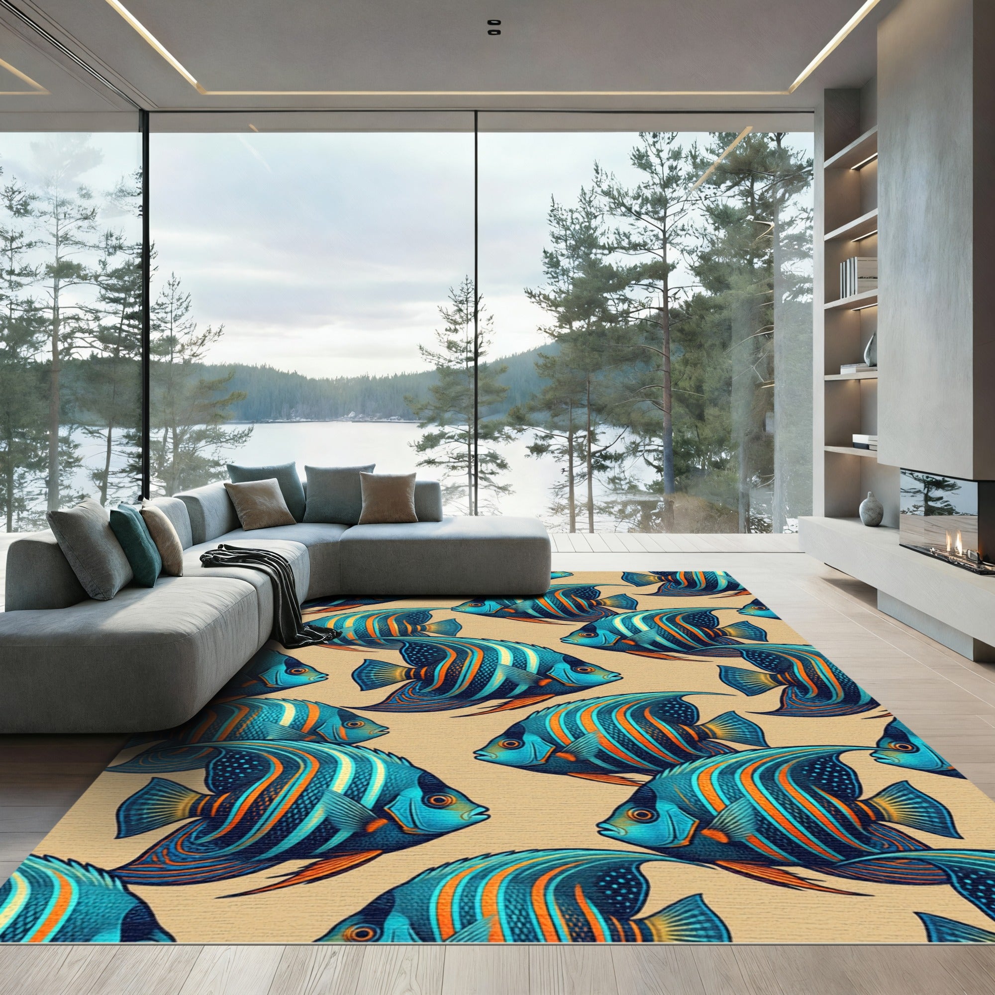 Vibrant Tropical Blue Angelfish Marine Art Rug