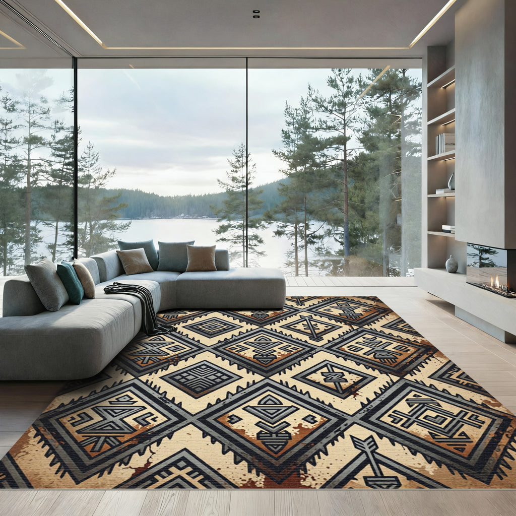 Rustic Graphite Geometric Tribal Diamond Rug