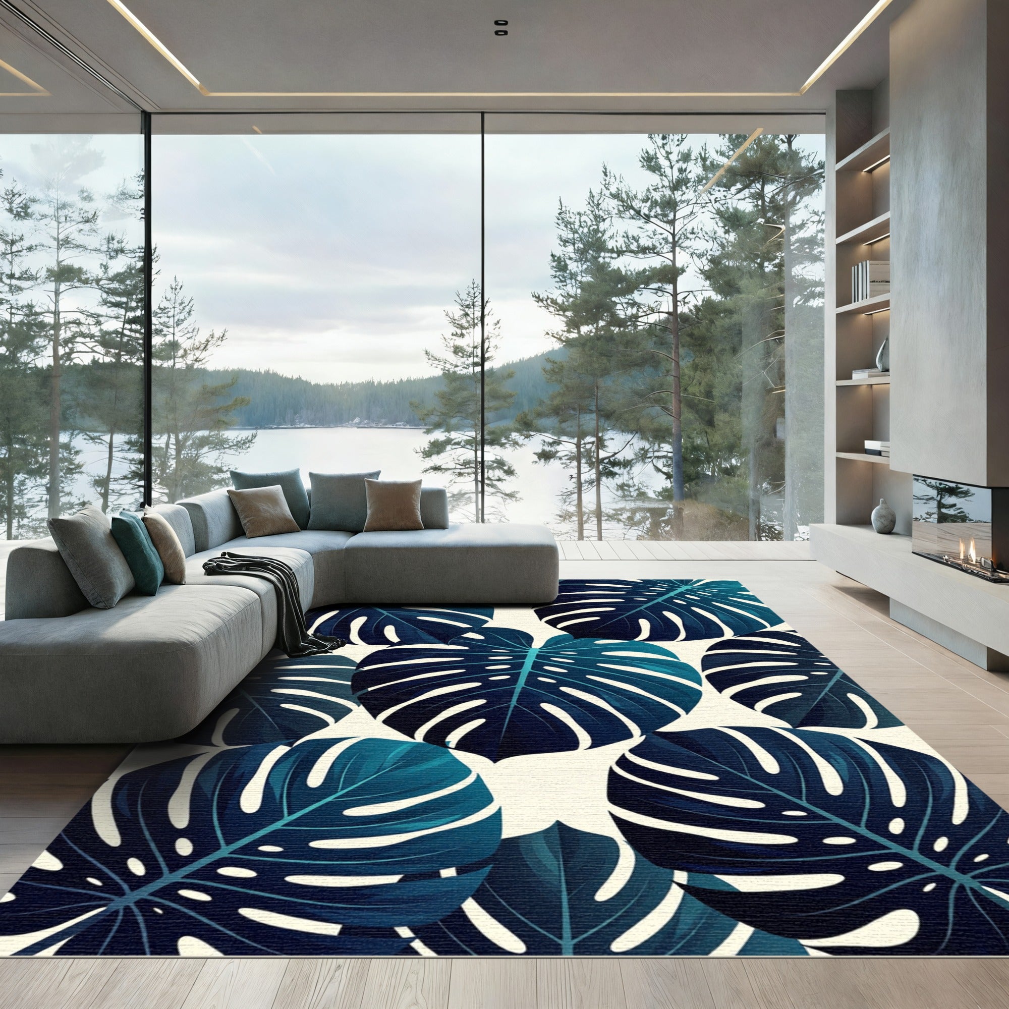 Deep Teal Monstera Leaf Pattern Rug