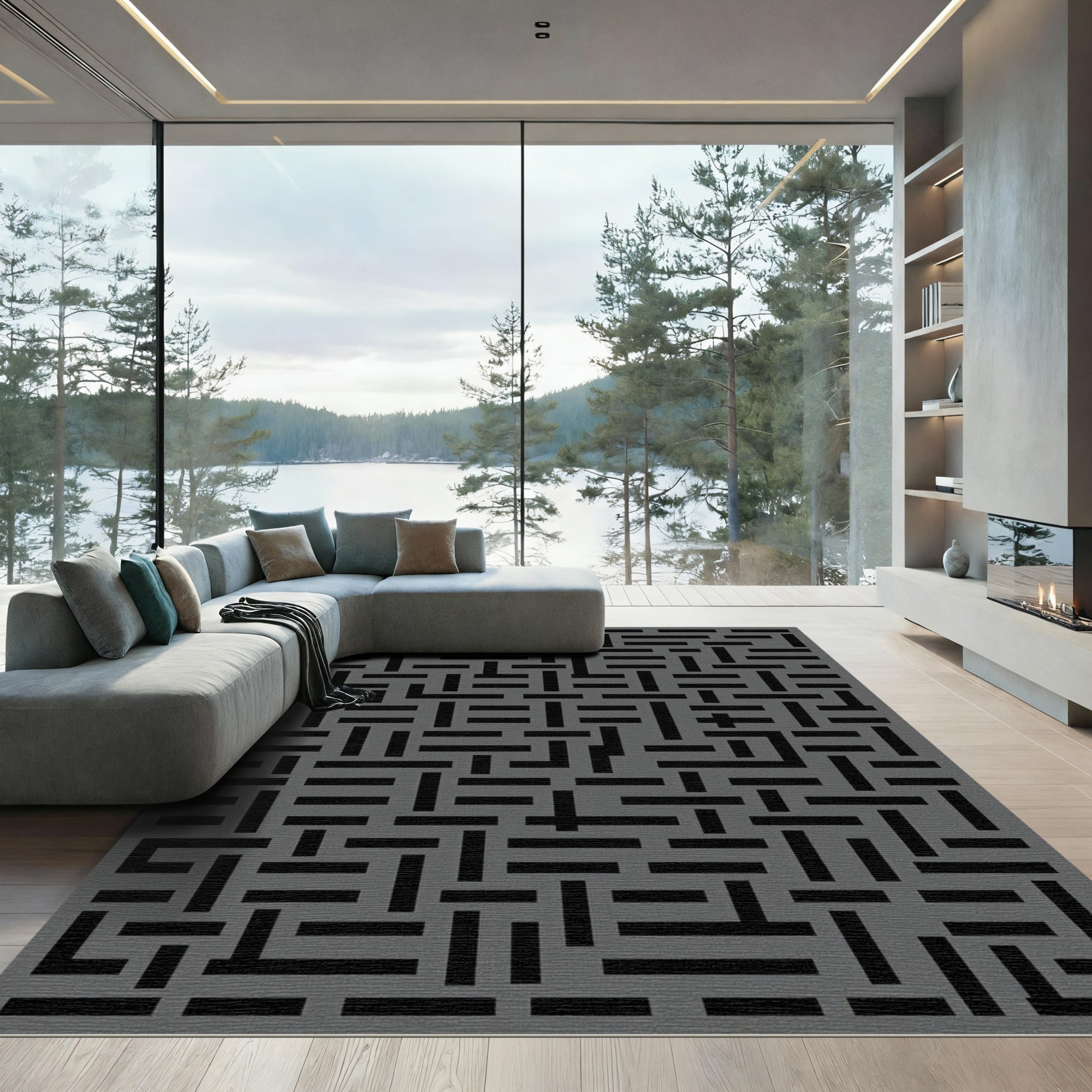 Dark Gray Interlocking Labyrinth Rug