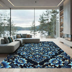 Blue Floral Damask Ornate Medallion Rug